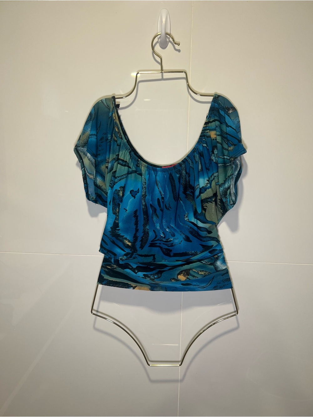 Blue Vintage Patterned Off The Shoulders Scoop Neck Women's Top